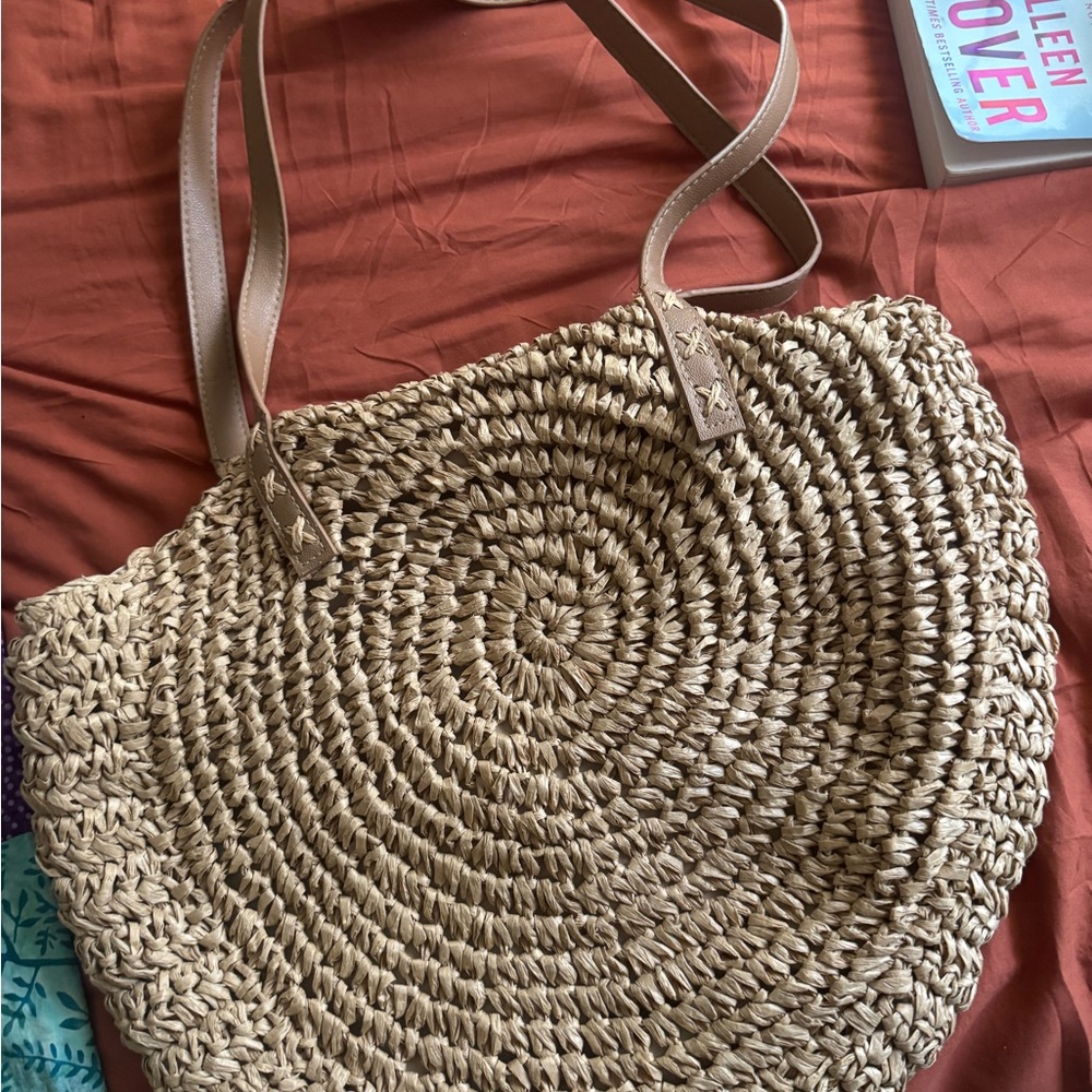 Woven Straw /Rattan style Bag in Natural with Tan Straps